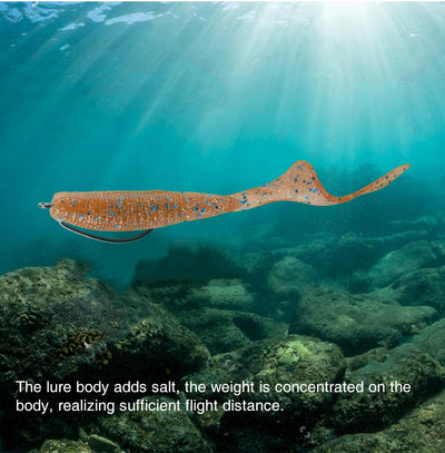 Brown-orange speckled squid-shaped soft lure, curled tail and tapered body