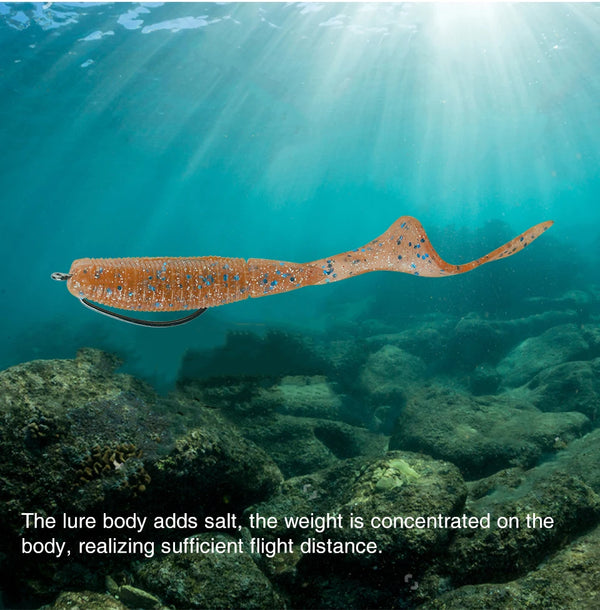 Brown-orange speckled squid-shaped soft lure, curled tail and tapered body
