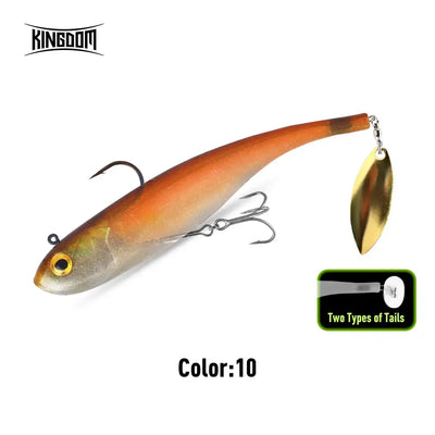 Orange soft swimbait spinner lure with gold blade and treble hooks