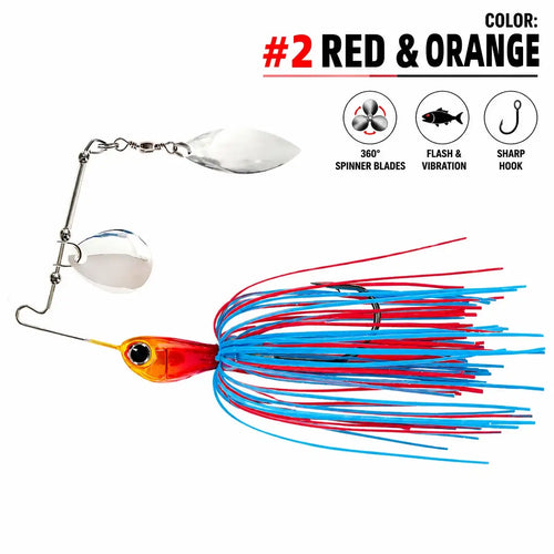 Red spinner swim jig with blue and red skirt, silver spinner blades, weedless hook