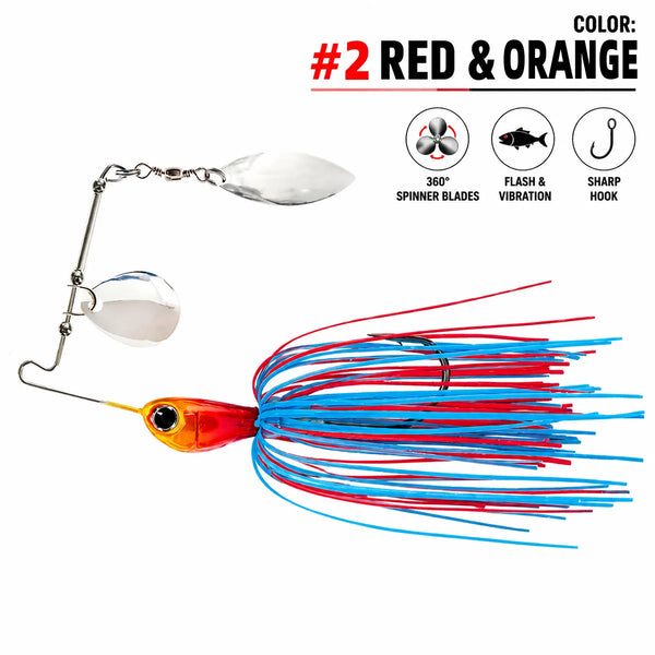 Red spinner swim jig with blue and red skirt, silver spinner blades, weedless hook