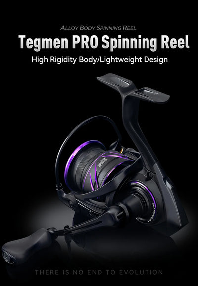 Black spinning reel with purple accent spool rings and extended crank handle