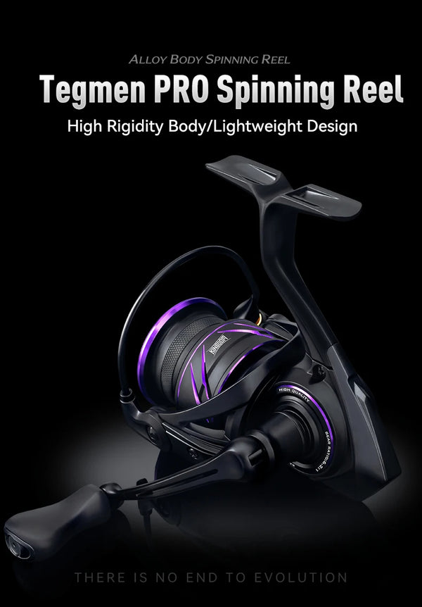 Black spinning reel with purple accent spool rings and extended crank handle