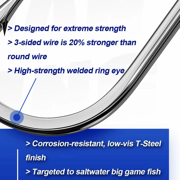 Close-up of stainless steel circle fishing hook with curved wire and ring eye