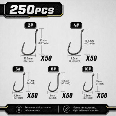 Size chart for 250pcs octopus hooks with silhouettes for 2 to 10
