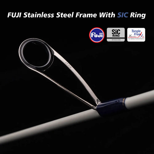 Fishing rod front section with FUJI SIC ring and stainless steel frame guide