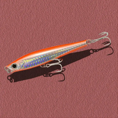 Orange and rainbow holographic lipless minnow fishing lure with silver treble hooks