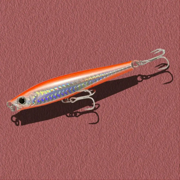 Orange and rainbow holographic lipless minnow fishing lure with silver treble hooks
