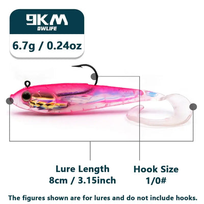 Pre-rigged paddle tail swimbait with pink body and clear paddle, 8cm length
