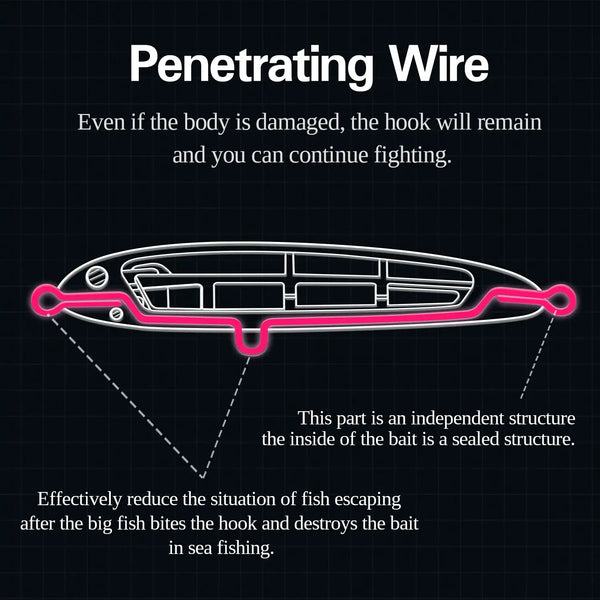 Penetrating wire and sealed structure diagram for a sinking pencil fishing lure