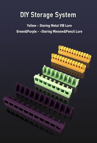 DIY modular lure storage system with three colorful compartment trays in yellow, green, and purple