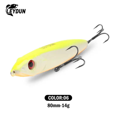 Leydun Ministre Jack sinking pencil lure 80mm 14g yellow translucent body red eye with three black treble hooks