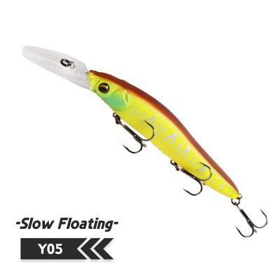 Minnow fishing lure, yellow and orange with green head, clear lip, three treble hooks