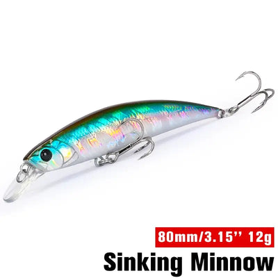Sinking minnow fishing lure, silver and teal with iridescent finish and treble hooks