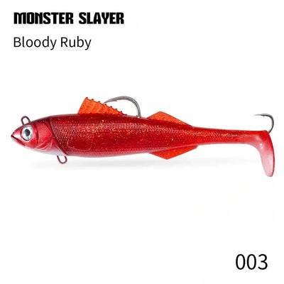 Bloody Ruby soft swimbait lure with jig head and hook, red glitter body