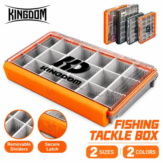 Orange fishing tackle box with removable divider tray and secure latch, open
