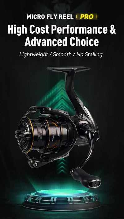 Ultralight spinning reel in black with gold trim, promotional side view on green glow base