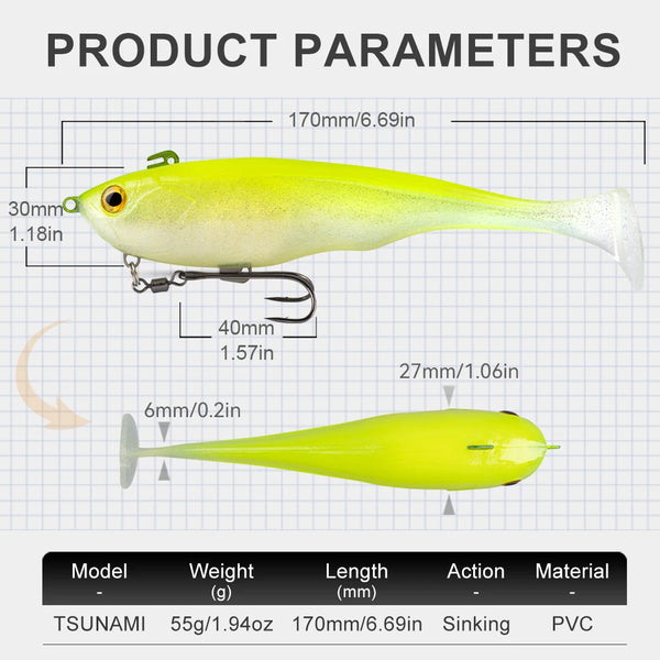 Soft T-tail sinking lure, light green speckle finish, 170mm; 55g; treble hook