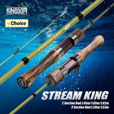 Ultralight travel fishing rod with wood-look handle and carbon blank, green accents