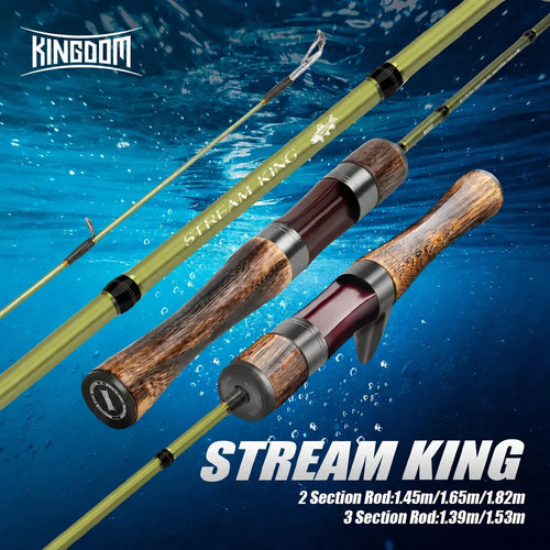 Ultralight travel fishing rod with wood-look handle and carbon blank, green accents