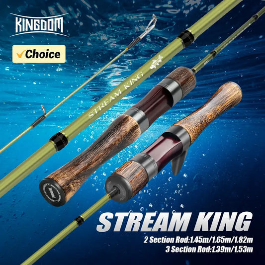 Ultralight travel fishing rod with wood-look handle and carbon blank, green accents