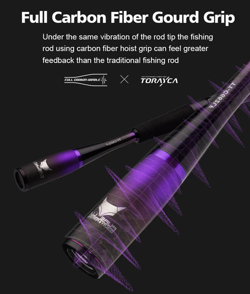 Purple fishing rod with full carbon fiber grip and reel seat, angled view