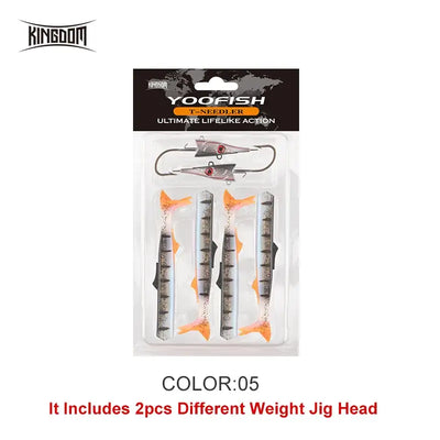 Sinking fishing lure set in orange-and-gray paddle-tail soft baits with jig heads