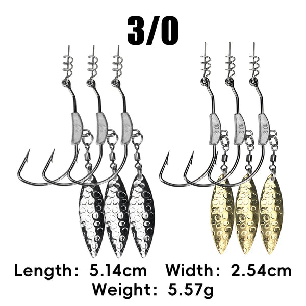 Underspin hook size 3/0 chart with silver and gold spinner blades and hook trebles