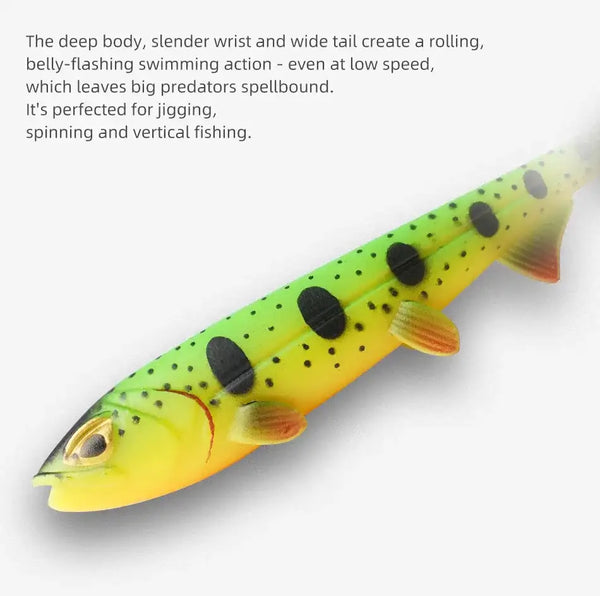 Chartreuse soft paddle-tail swimbait lure with black spots, orange fins, and pale tail
