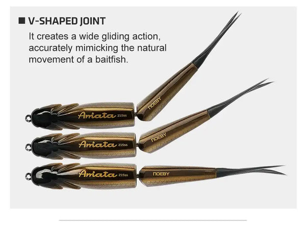 Glide swimbait trio with V-shaped joint and treble hooks, brown and gold finish