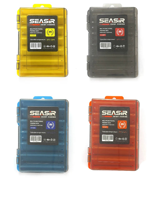 Set of SEASIR double-sided tackle boxes in yellow, clear-gray, blue, and orange