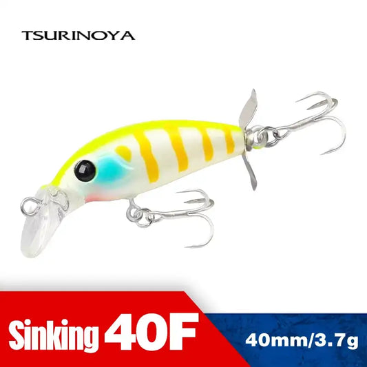 TSURINOYA Sinking minnow lure in yellow and white stripes with metal treble hooks