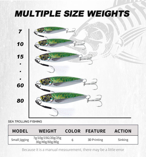 Assorted metal jig lures set with green patterned bodies and treble hooks