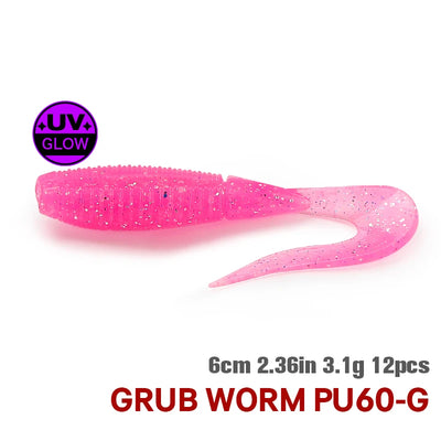 Pink translucent soft plastic grub worm lure, UV glow (PU60-G), 6cm, 12pcs