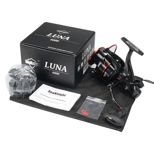 SeaKnight LUNA 6000 spinning reel in black with red accents and box contents
