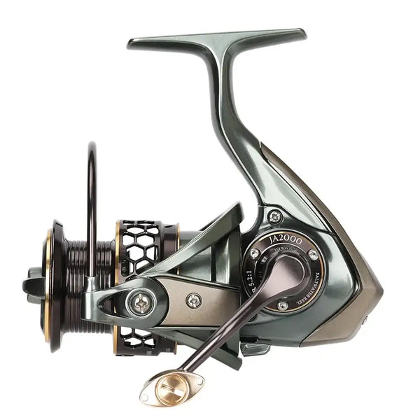 Spinning reel in angled view with metallic green frame, gold spool accent, and bail wire