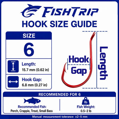Fish hook size guide card for Size 6, shows hook length and gap measurements