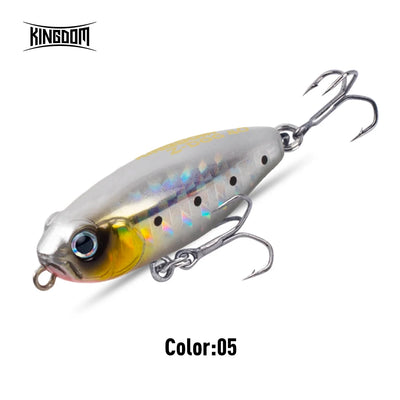 Color 05 topwater pencil lure: silver body with gold-yellow belly, two treble hooks