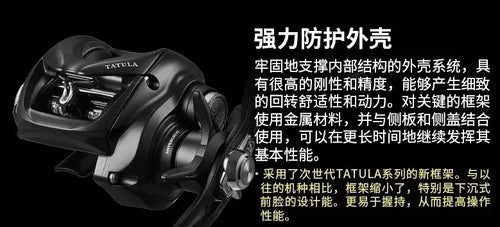 Black baitcasting reel side view with protective housing and TATULA logo