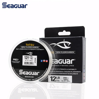 Seaguar Tatsu fluorocarbon fishing line spool with 12 lb label and black retail box
