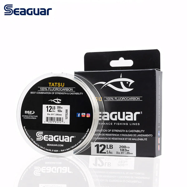 Seaguar Tatsu fluorocarbon fishing line spool with 12 lb label and black retail box
