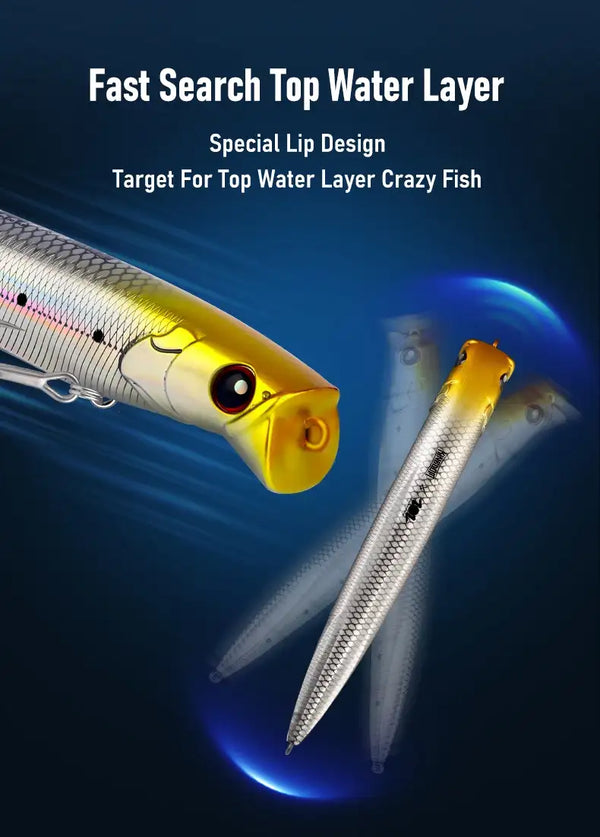 Close-up floating minnow lure head with yellow bill, silver body, treble hooks