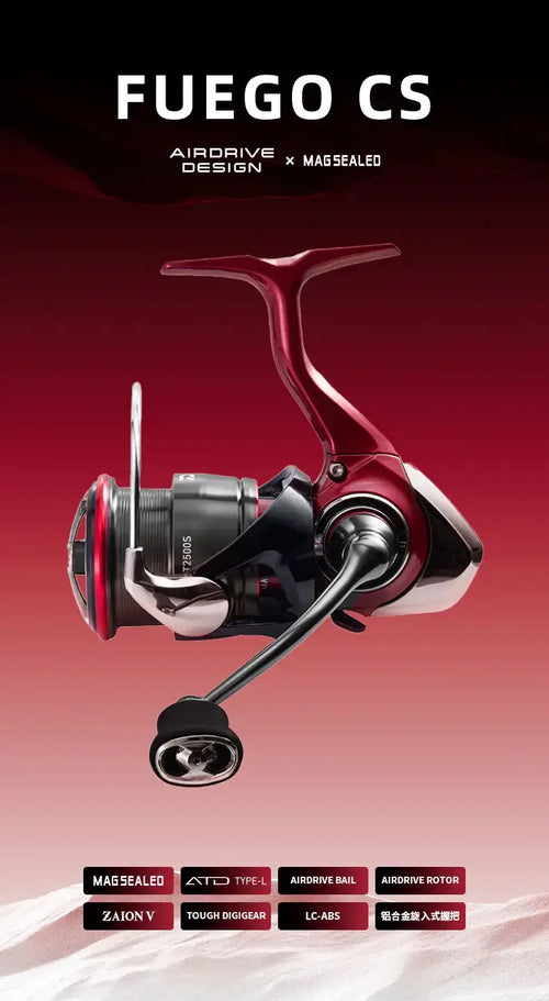Daiwa Fuego CS spinning reel in red and black with handle and spool, front view