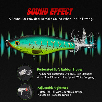 Blue-green topwater propeller lure with treble hooks and splash-style tail mechanism