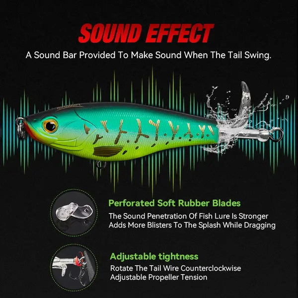 Teal-green floating topwater fishing lure with splash tail effect, treble hooks and barbed hooks