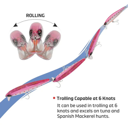 Pink sinking minnow lure with rolling action shown and towing capability callout