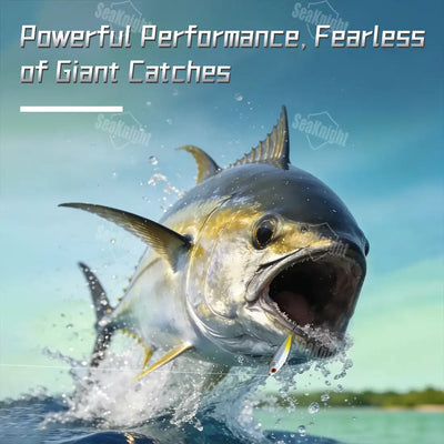 Nylon fishing leader line with hook attached to a jumping tuna fish