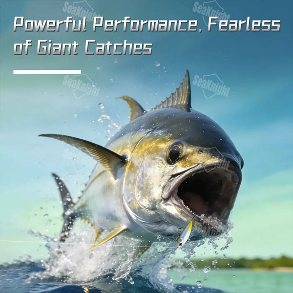 Nylon fishing leader line with hook attached to a jumping tuna fish