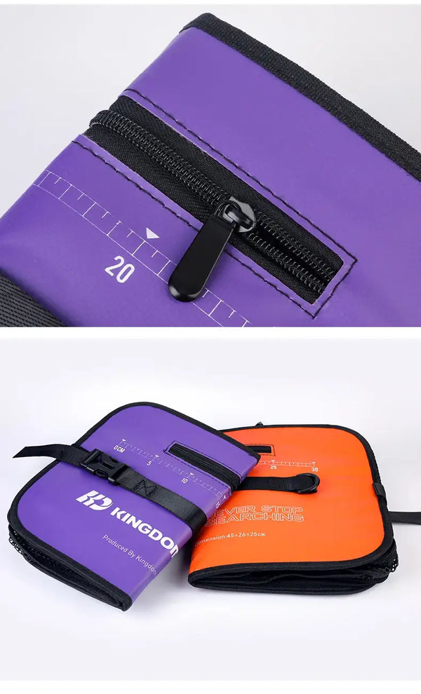 Purple and orange floating fish keep nets with zippers and measuring marks