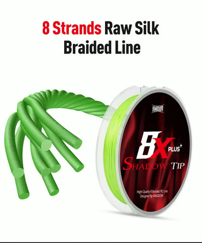 Green 8X Plus braided fishing line on a reel spool, 8-strand raw silk line